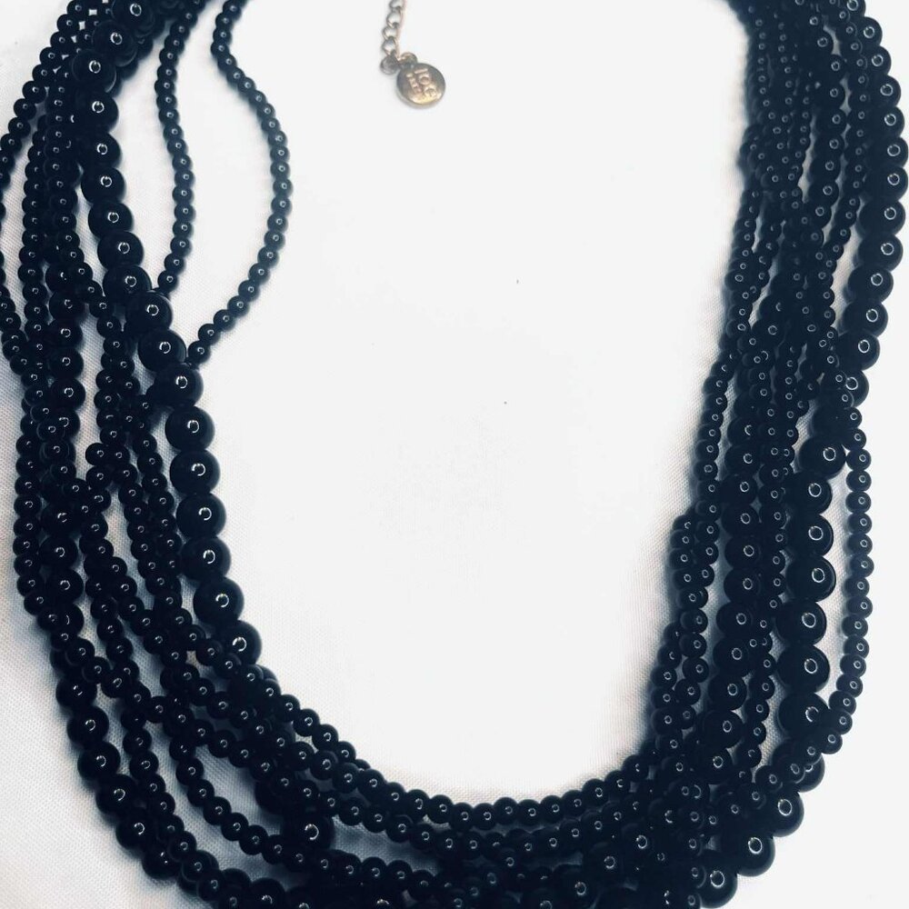 Vintage Joe Fresh Multi-Strand Black Bead Necklace, 7 Rows, Bronze Hardware, 50–